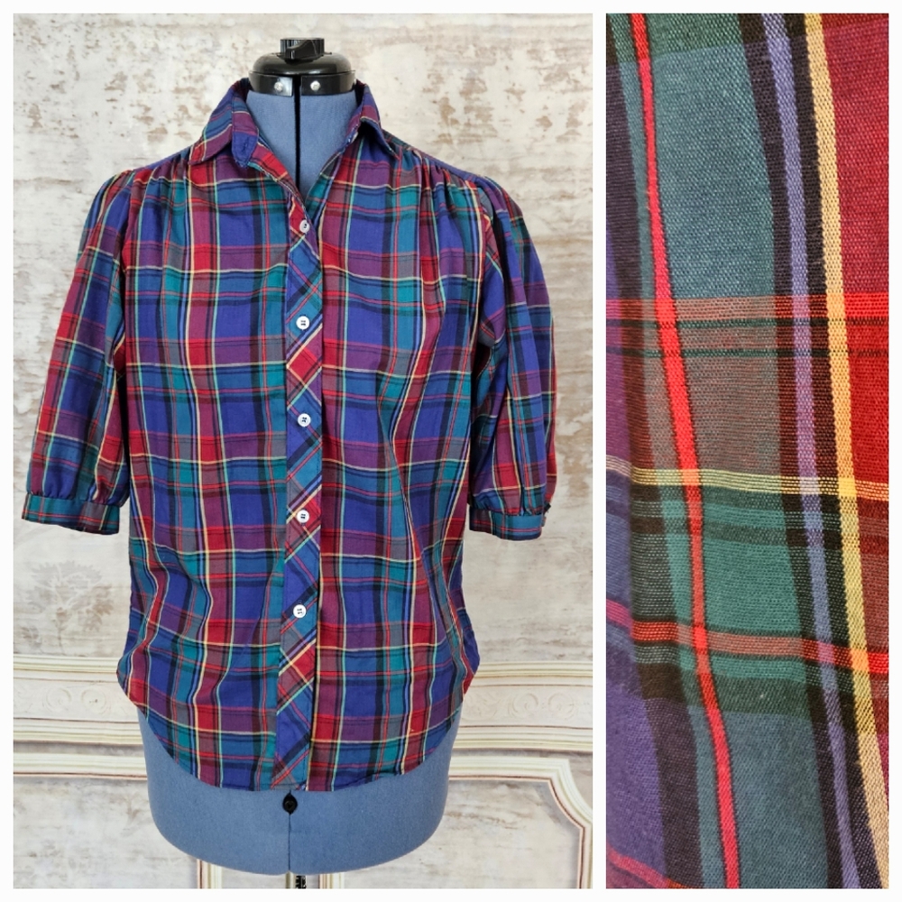 Vintage 1980s Plaid Blouse Shirt Top M Dark Academia Puff Sleeve Cottagecore